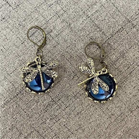 Blue Glass Vintage Boho Dragonfly Drop Earrings New - Picture 6 of 6